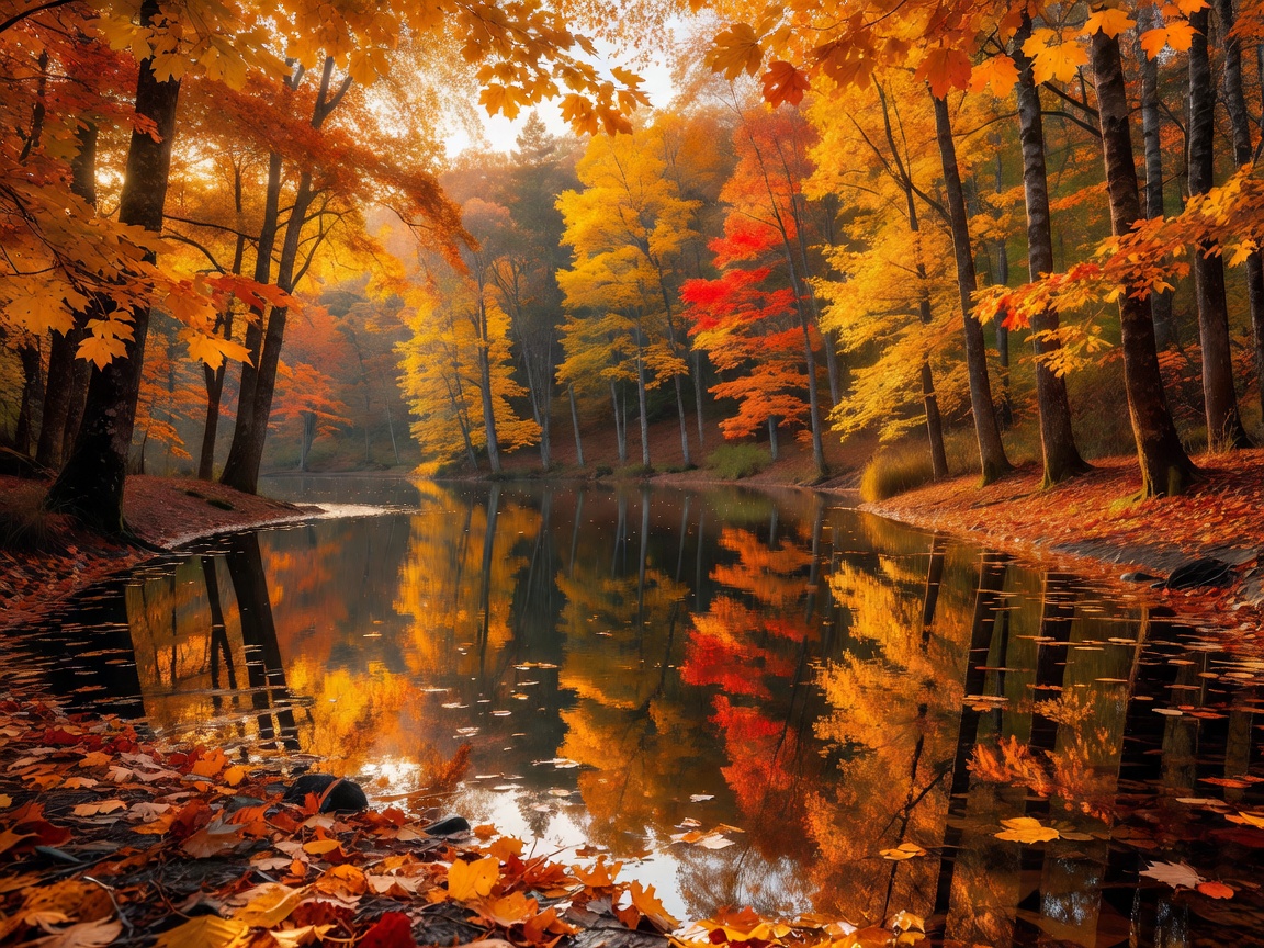 Autumn forest with orange and yellow leaves reflecting in a lake