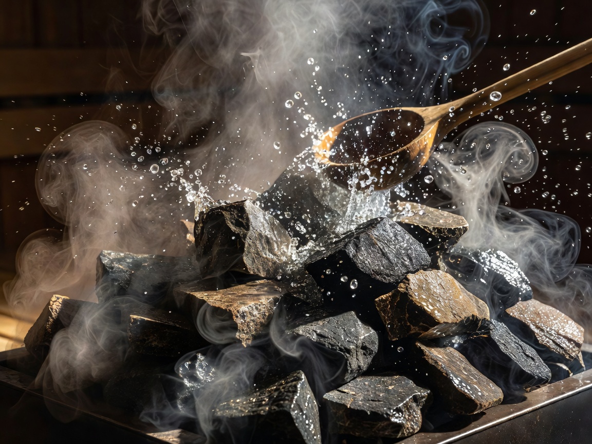 Close up of rocks on a sauna heater being splashed with water