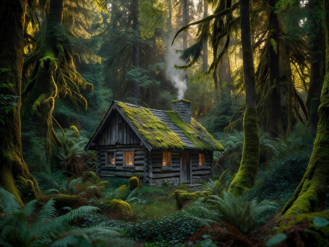 Cozy cottage surrounded by thick green forest