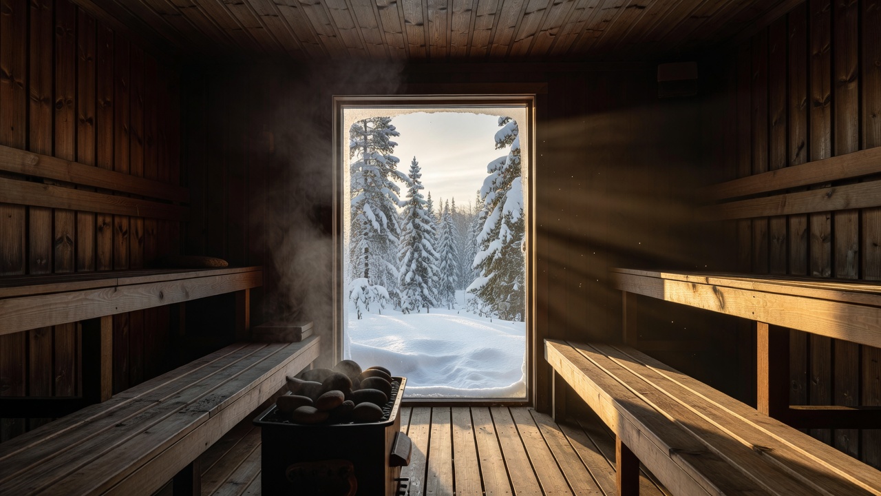 Inside a wooden sauna looking out