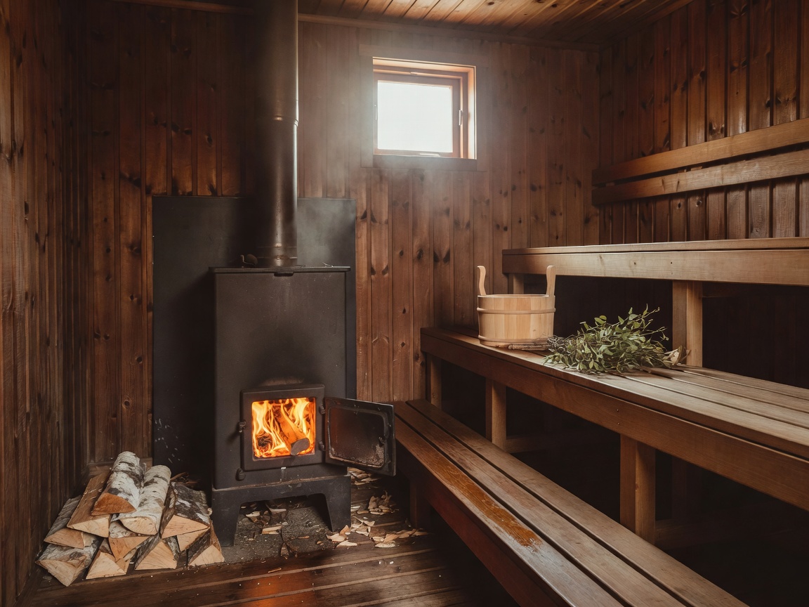 Interior of a traditional wooden Finnish sauna with a wood-burning stove