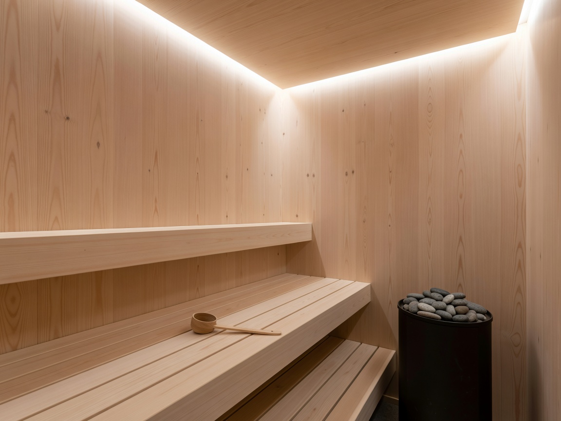 Interior view of a clean, wooden cabin sauna