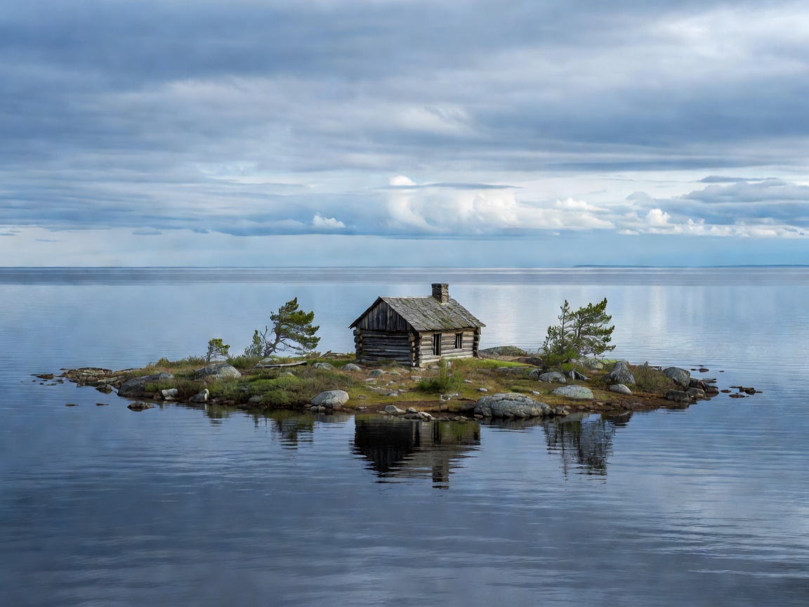 Isolated cabin on a small island in a vast lake