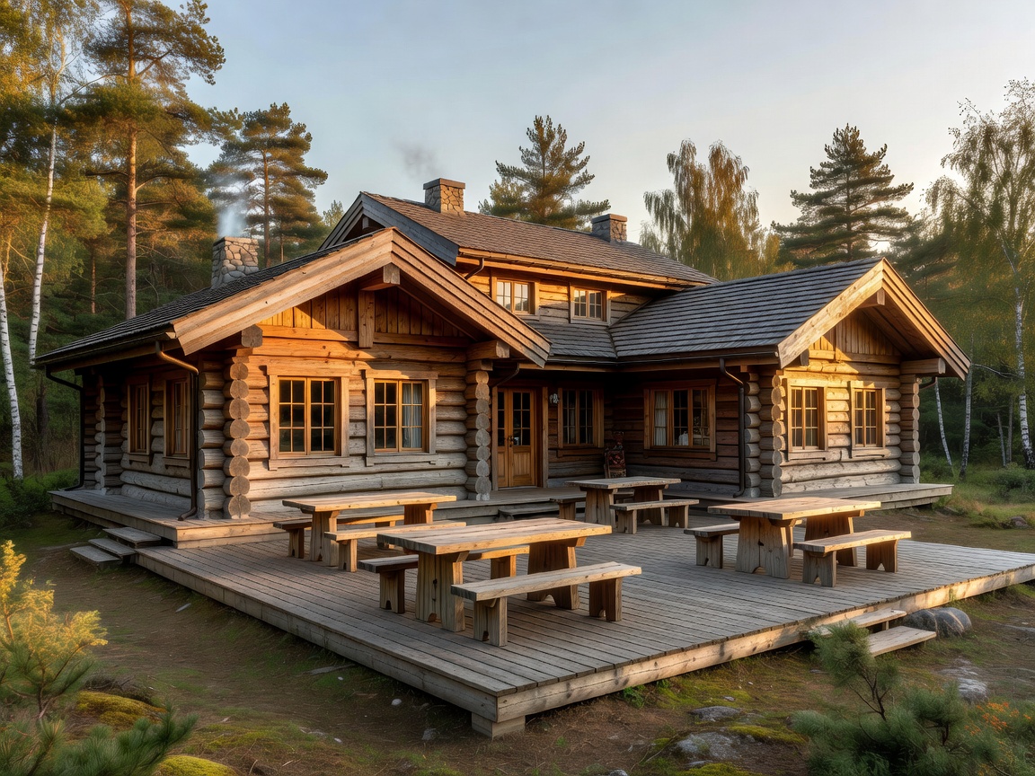 Large wooden cabin with multiple rooms and outdoor seating area