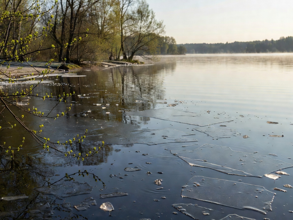Melting ice on a lake with green buds on trees