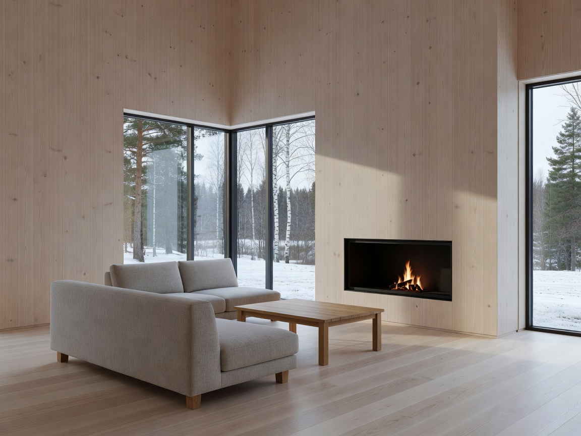 Minimalist Nordic interior with wooden walls, a fireplace and large windows