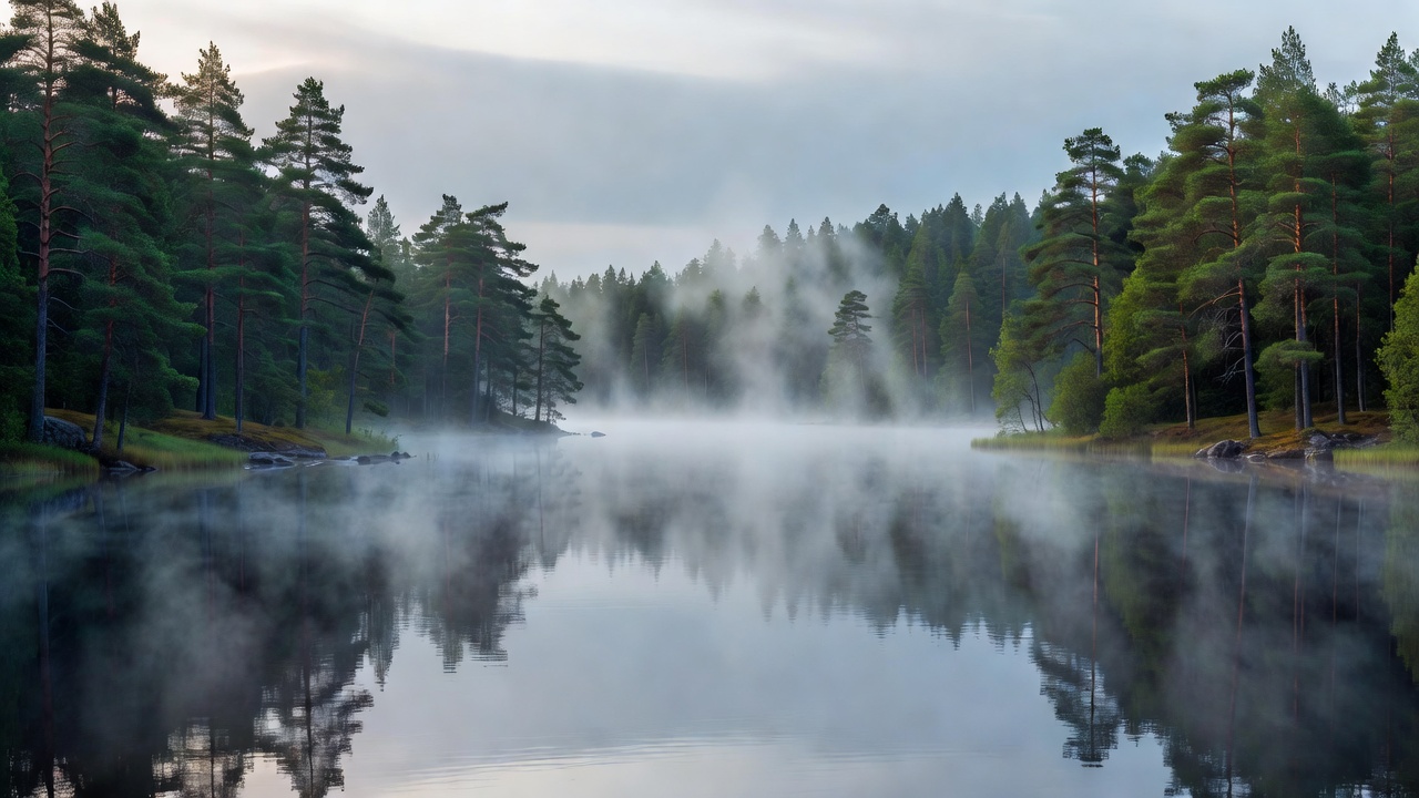 Mist rolling over a calm Finnish lake bordered by pine forests