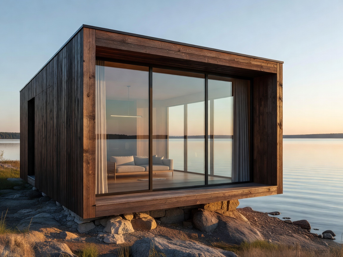 Modern timber cabin with large windows facing the water