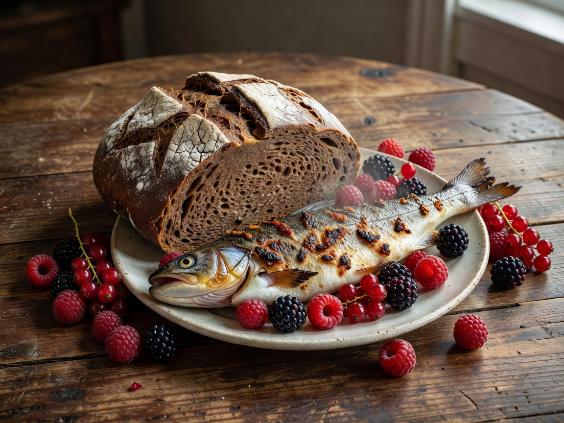 Rustic meal with dark bread, fish, and berries on a wooden table