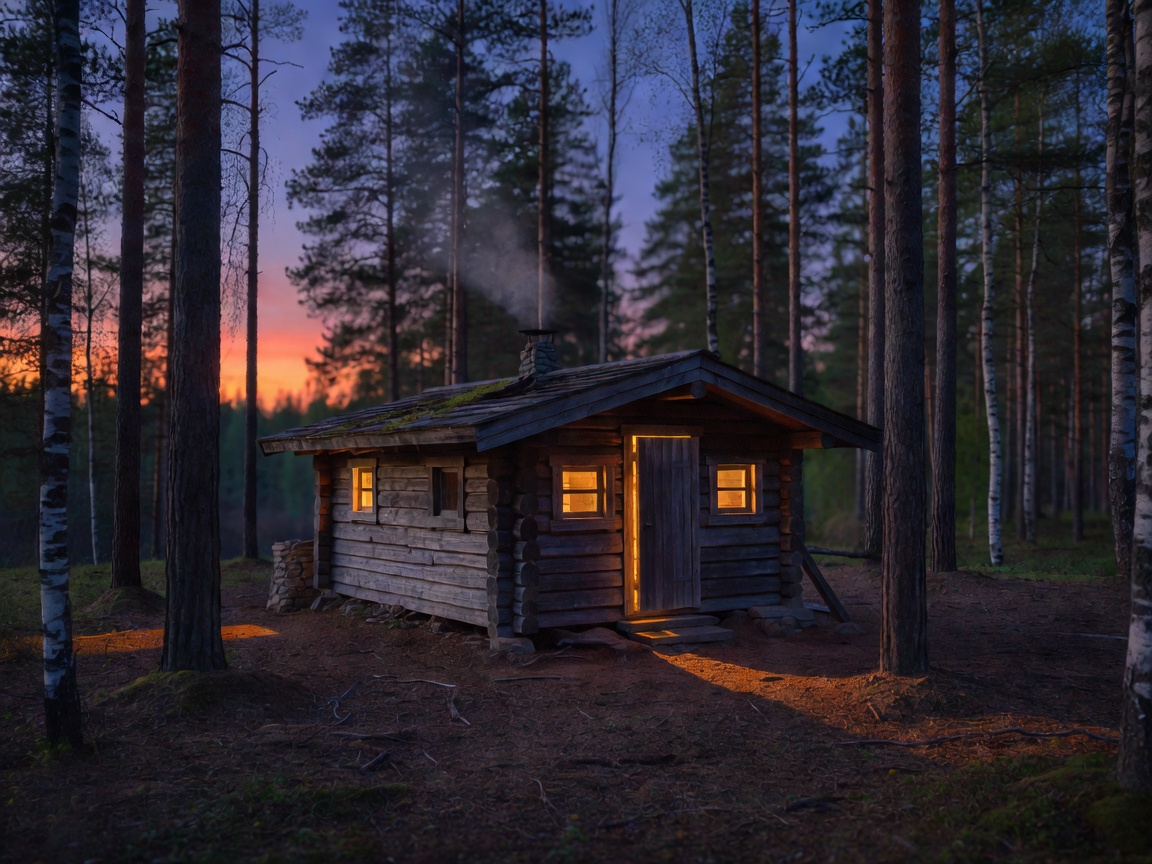 Sauna building illuminated at dusk in the forest