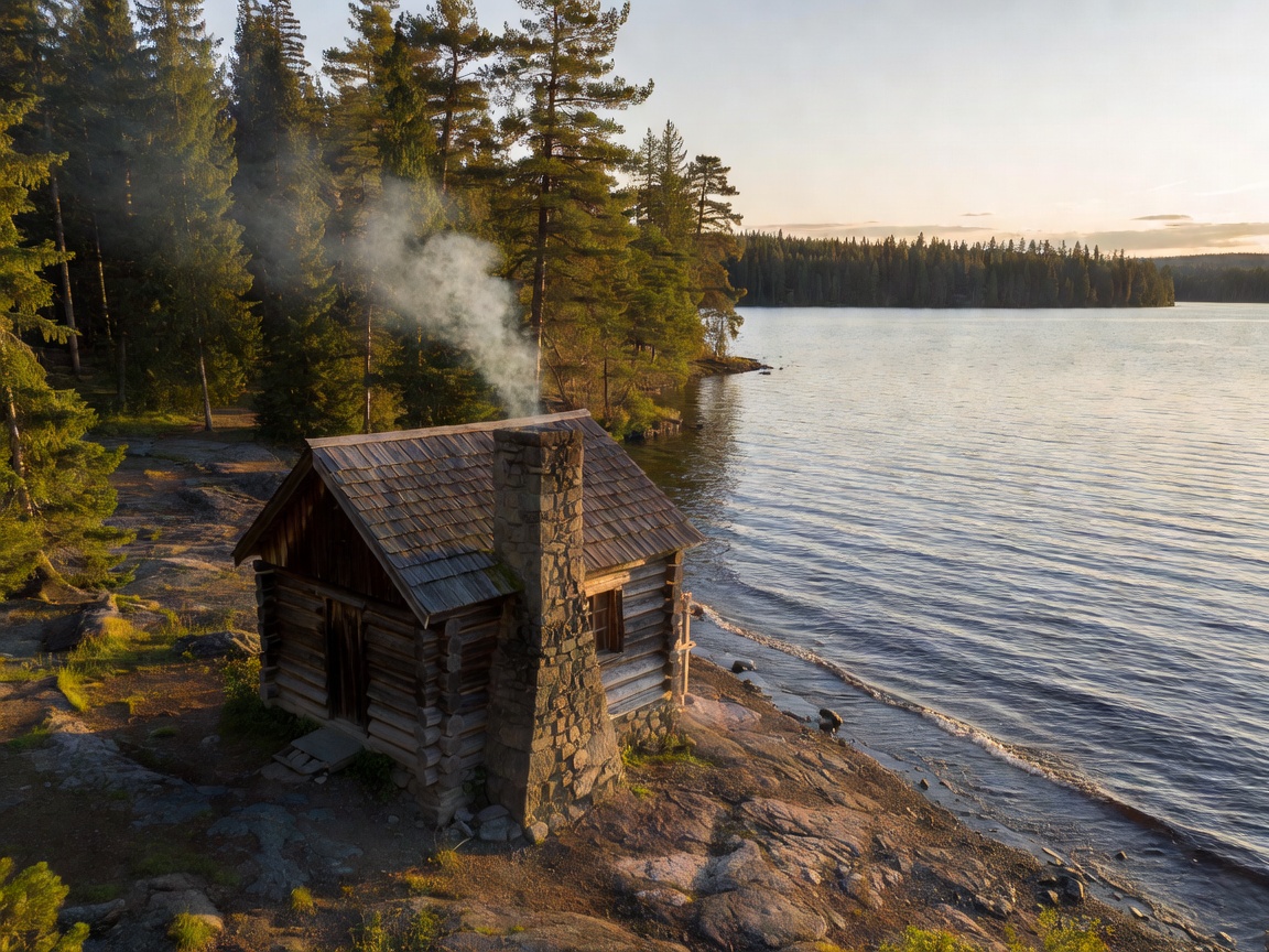 Small cabin with smoke rising from the chimney near water