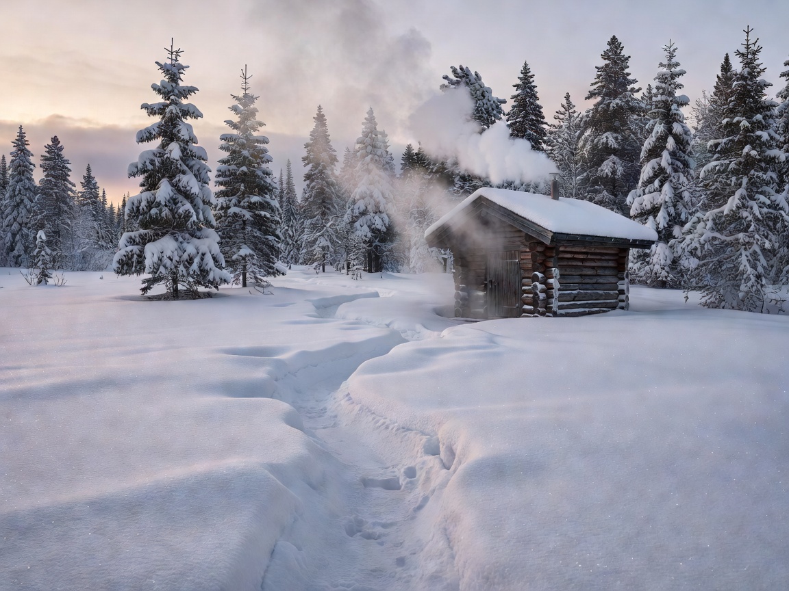 Snow covered landscape with a path leading to a steaming sauna