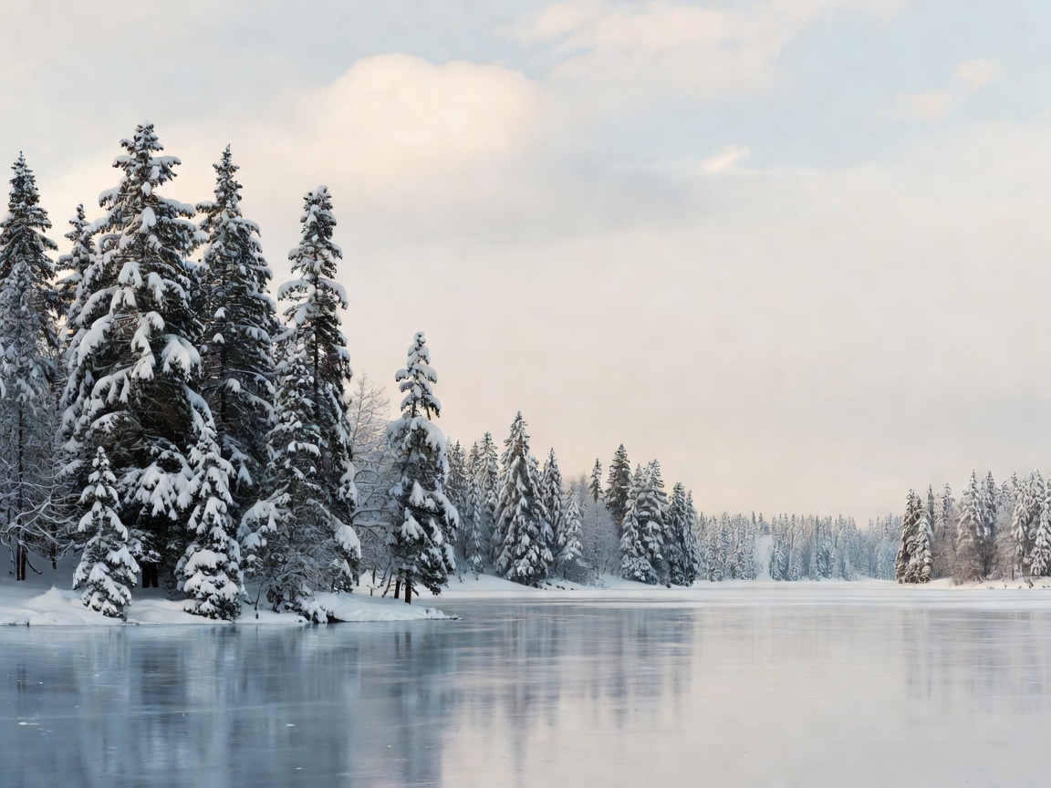Snow covered trees and frozen lake under a pale winter sky