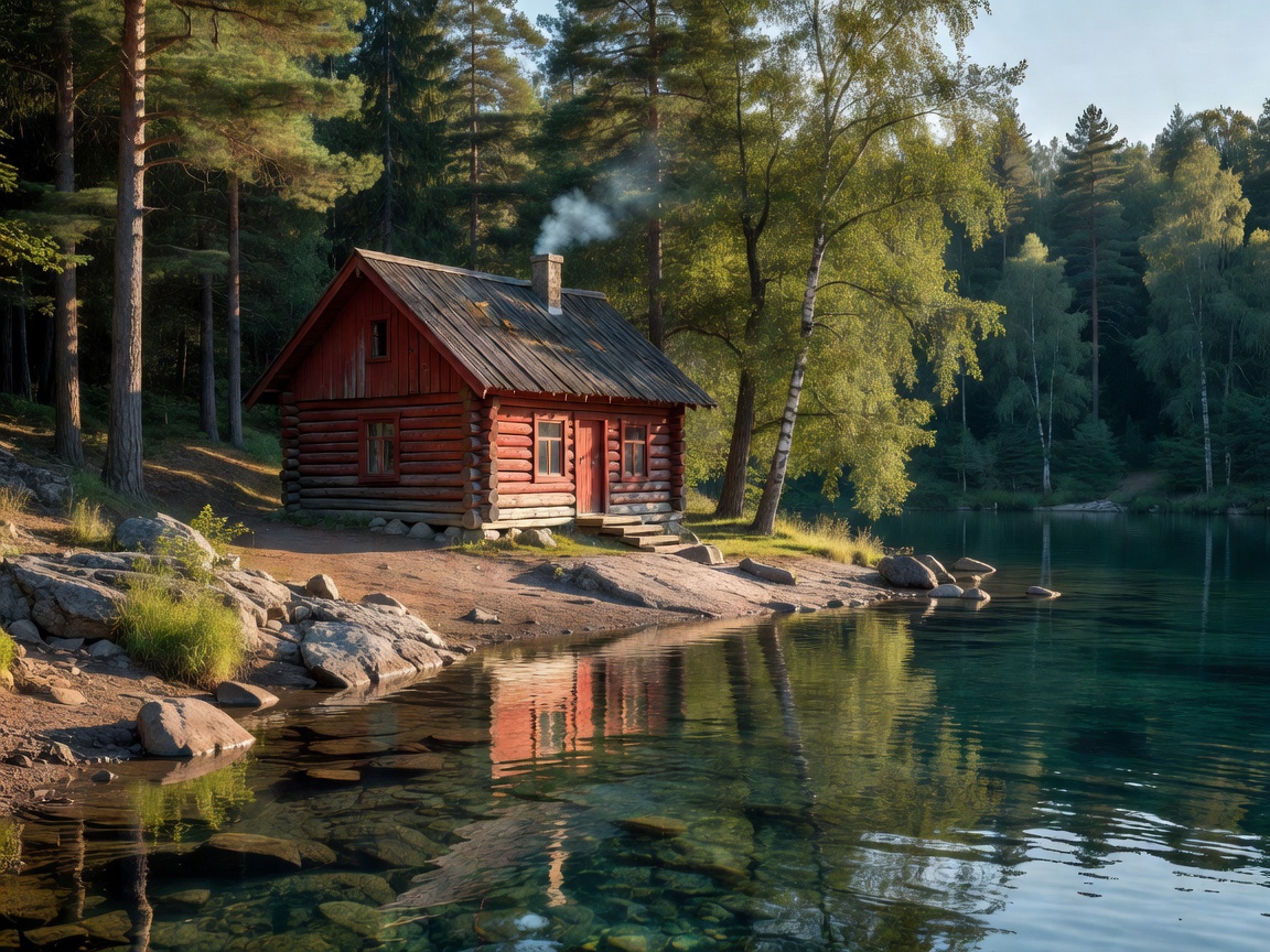 Traditional red log cabin by a lake