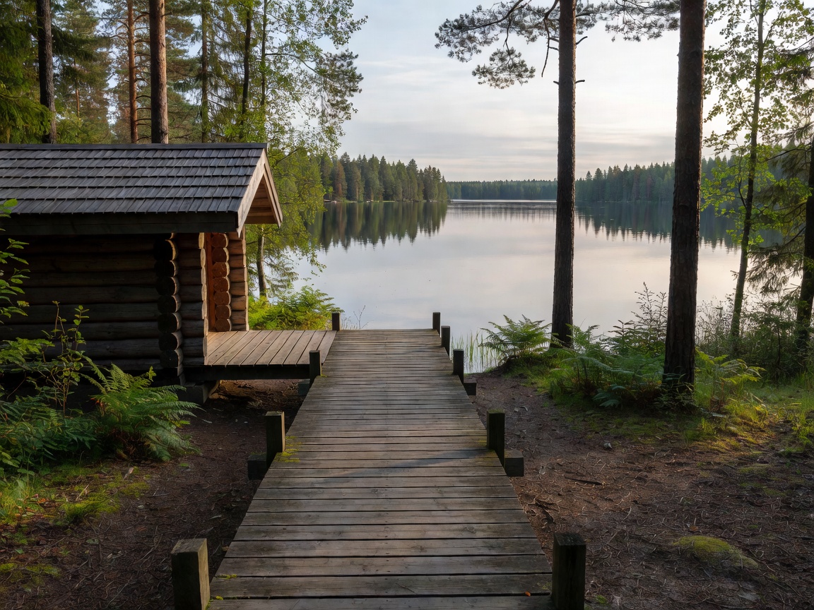 Wooden walkway leading from a sauna to a calm lake